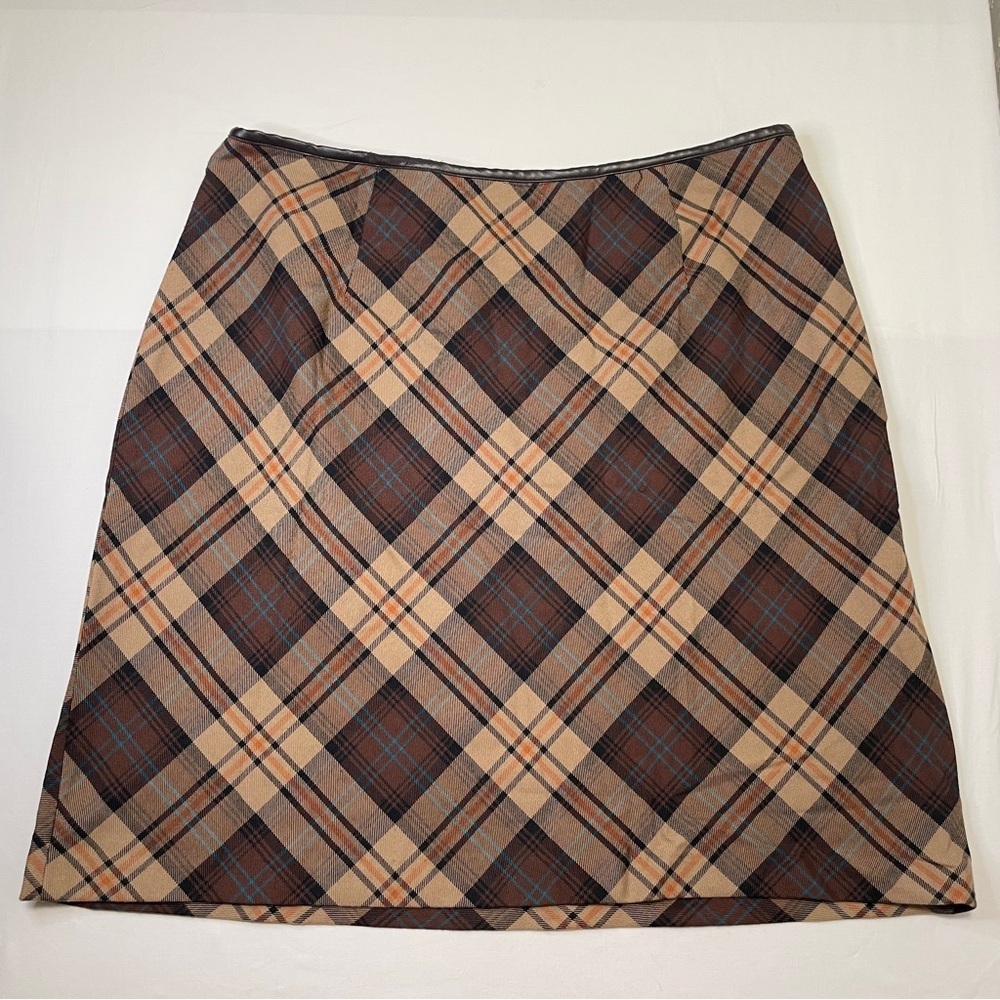 Venezia Jeans VINTAGE 90’s Brown Plaid A-Line Midi Skirt Leather Trim Women's XL